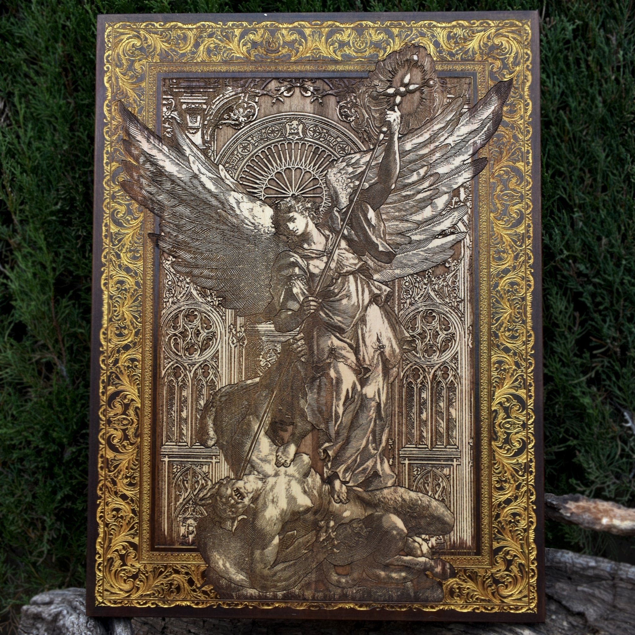 St Michael The Archangel II - Large Maple Stained Wood