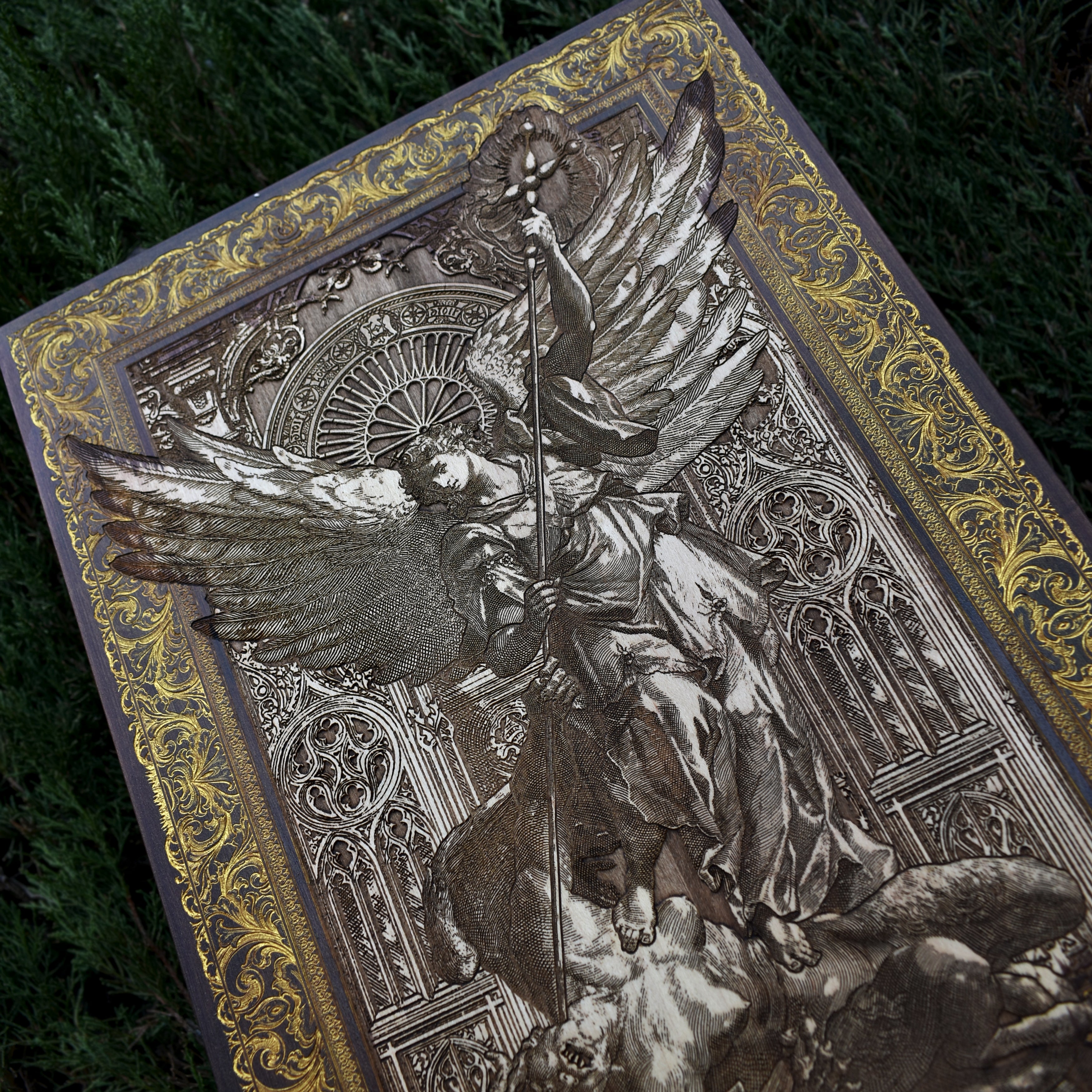 St Michael The Archangel II - Large Maple Stained Wood