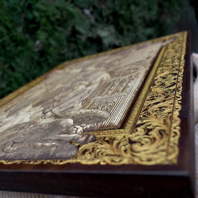 Gothic engraved wood art – gothic art, engraved wood, dark fantasy, skeleton design, artisan crafted