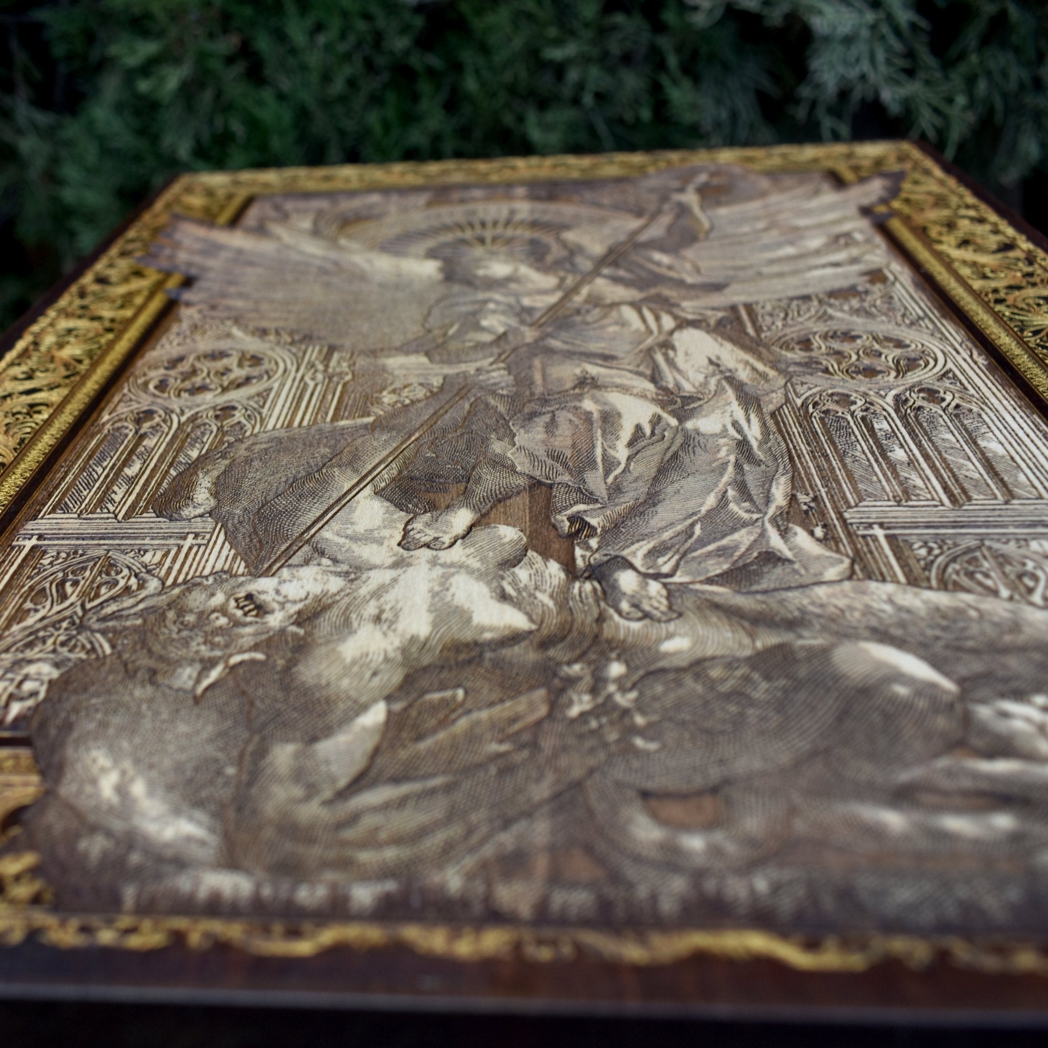 St Michael The Archangel II - Large Maple Stained Wood