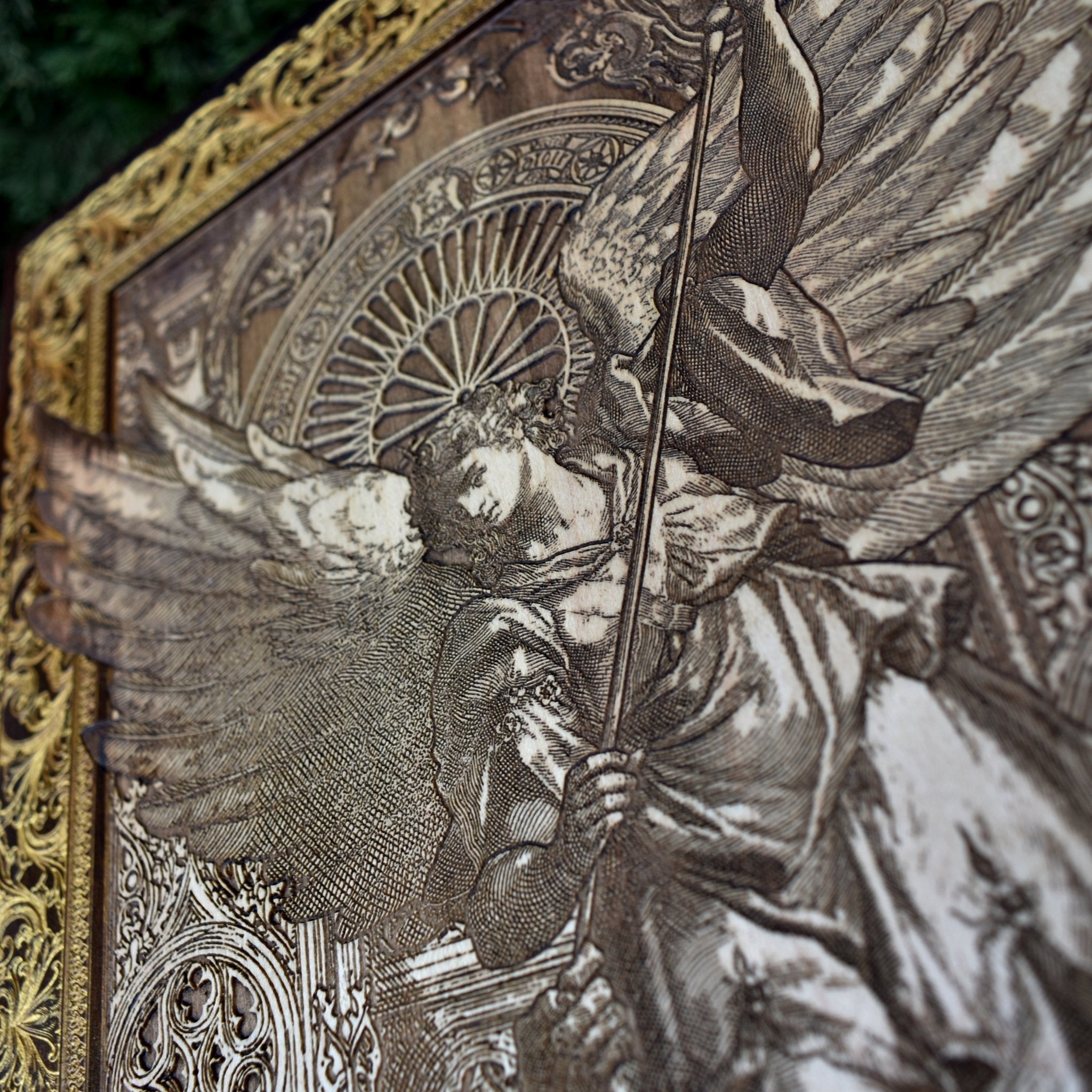 St Michael The Archangel II - Large Maple Stained Wood