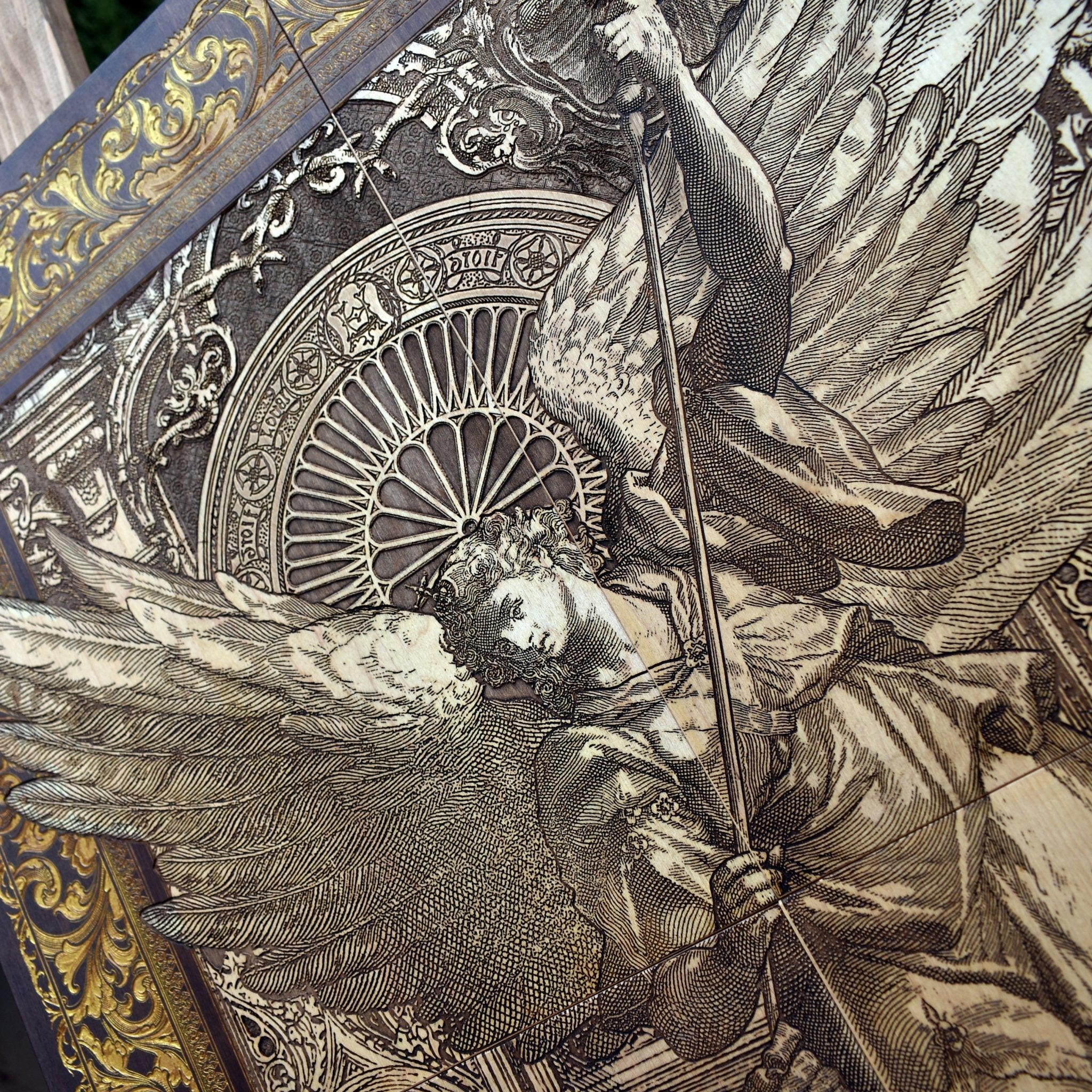 Zoomed-in section of Satan being crushed under St. Michael’s sword, displaying dramatic depth and texture.