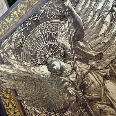 Zoomed-in section of Satan being crushed under St. Michael’s sword, displaying dramatic depth and texture.