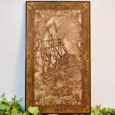 Engraved woodcut wall art of Kraken sea monster attacking sailing boat, nautical maritime décor