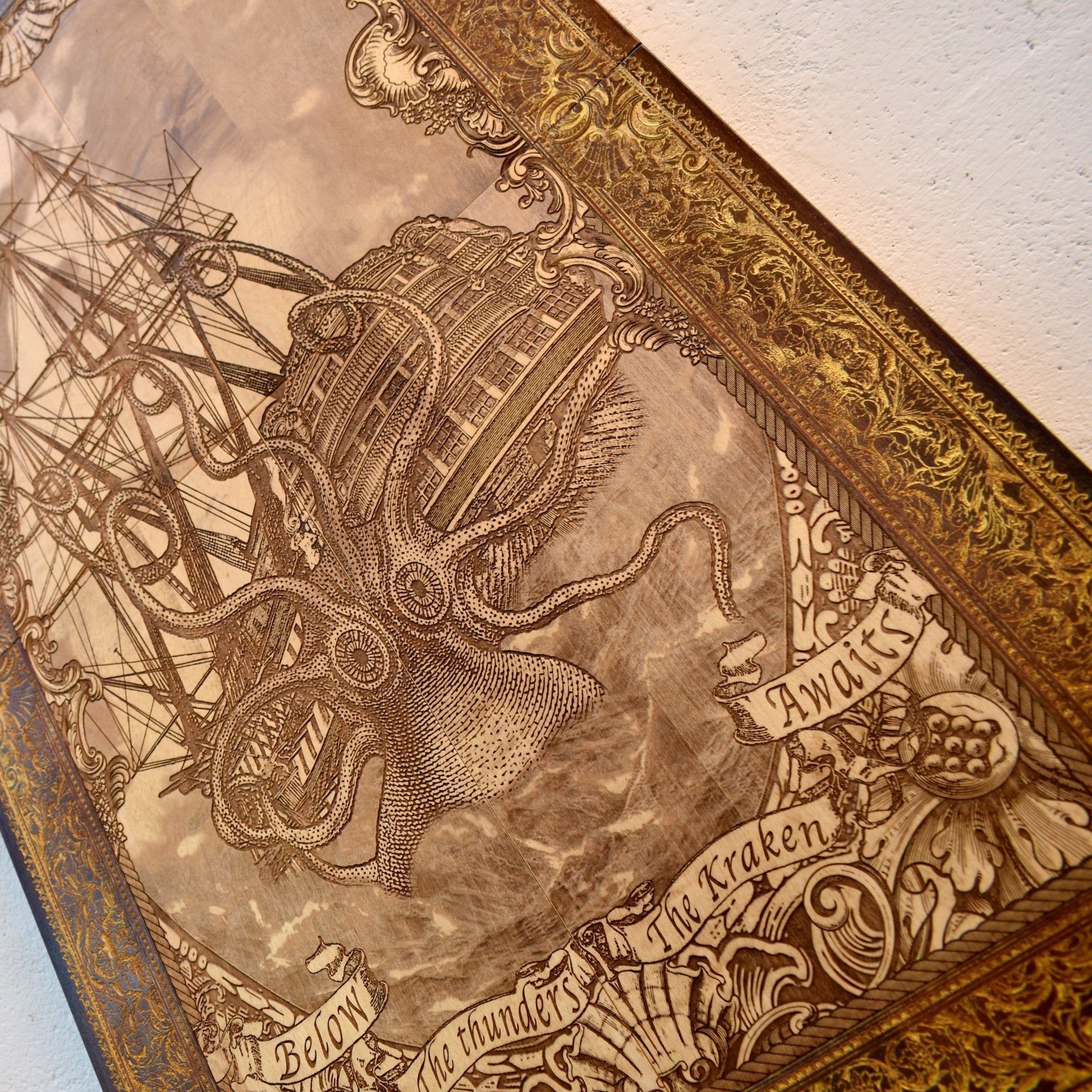 Engraved woodcut wall art of Kraken sea monster attacking sailing boat, nautical maritime décor