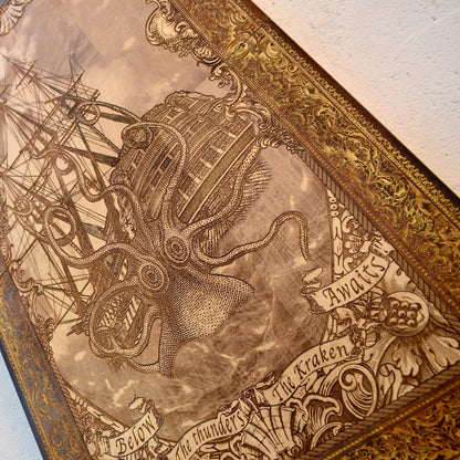 Engraved woodcut wall art of Kraken sea monster attacking sailing boat, nautical maritime décor