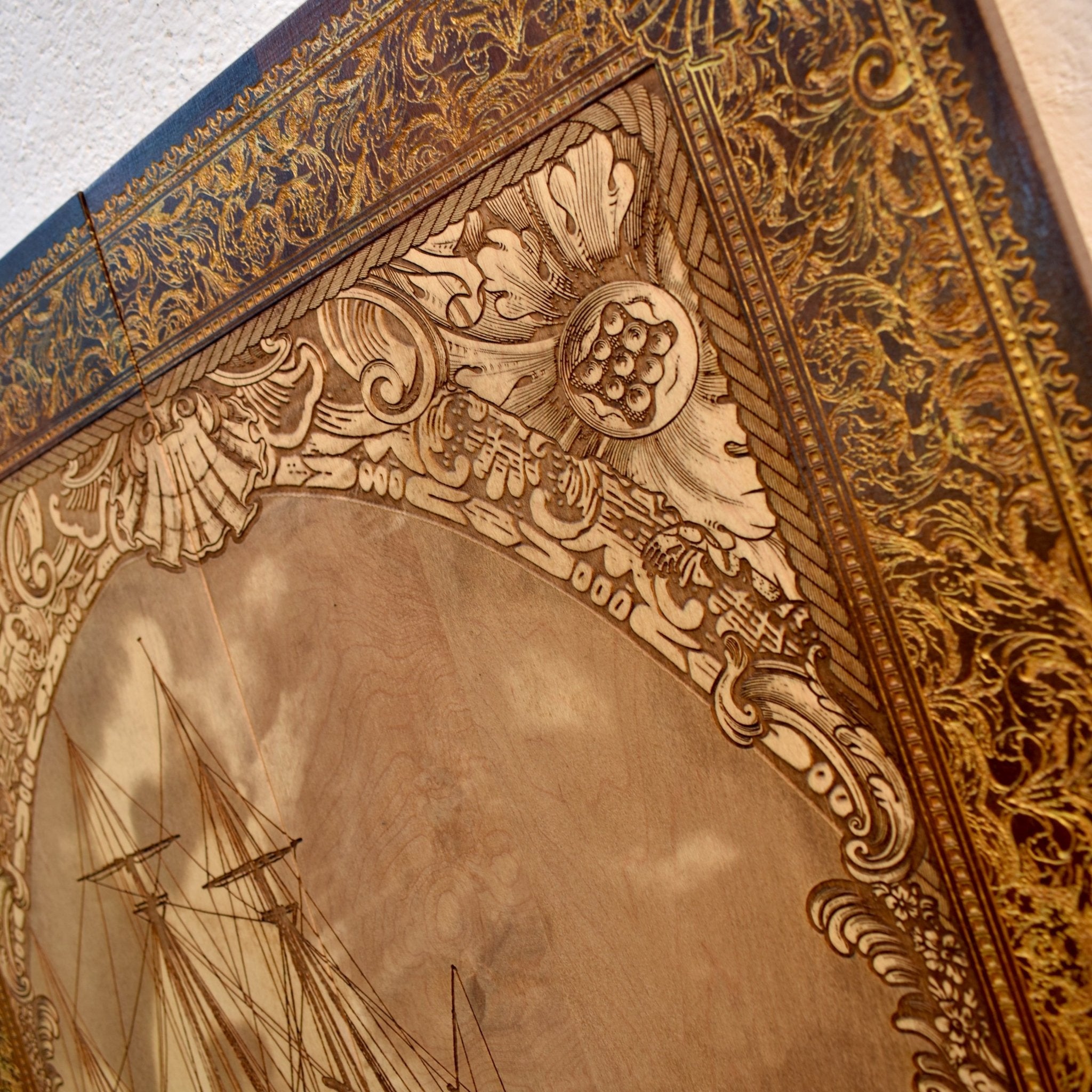 Engraved woodcut wall art of Kraken sea monster attacking sailing boat, nautical maritime décor