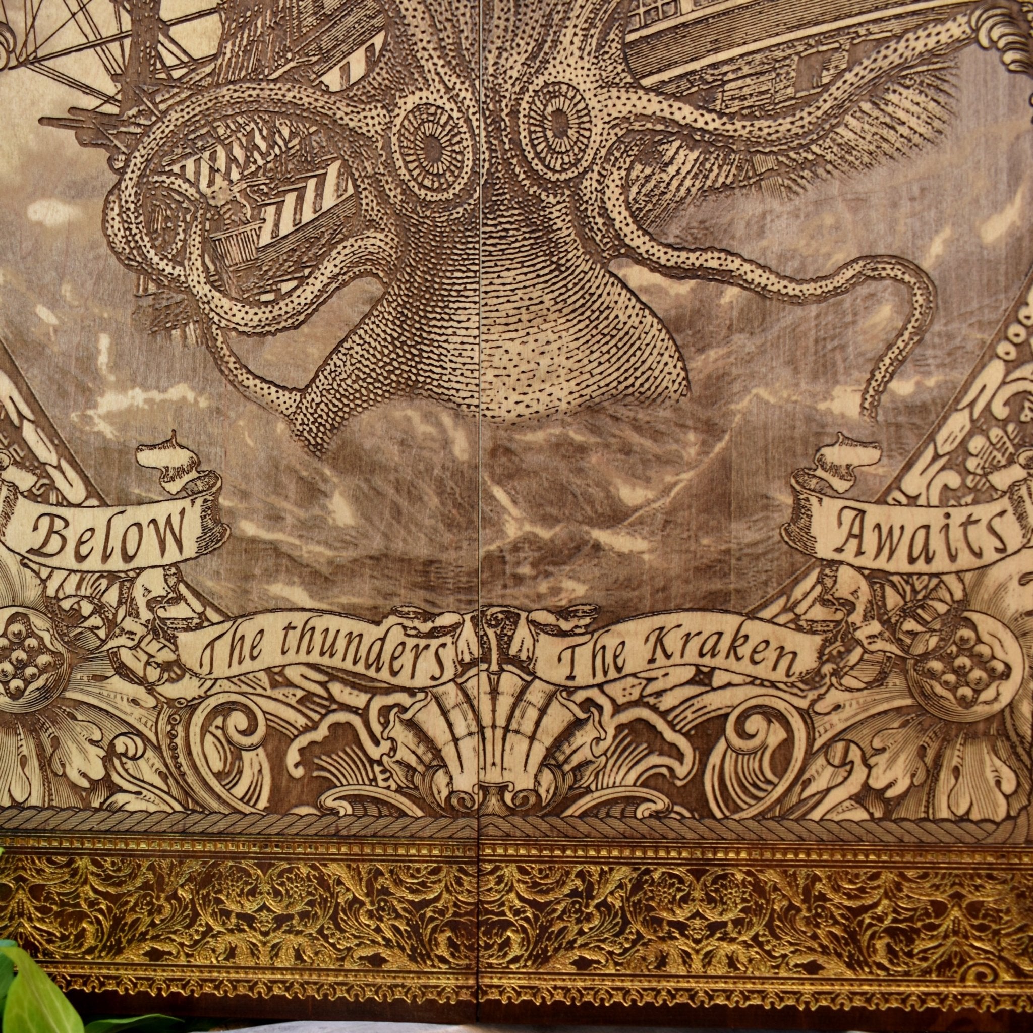 Engraved woodcut wall art of Kraken sea monster attacking sailing boat, nautical maritime décor