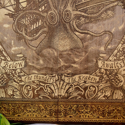 Engraved woodcut wall art of Kraken sea monster attacking sailing boat, nautical maritime décor