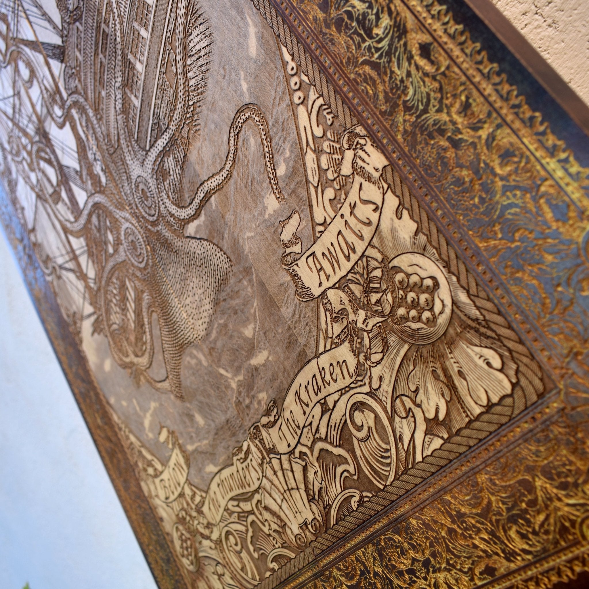 Engraved woodcut wall art of Kraken sea monster attacking sailing boat, nautical maritime décor