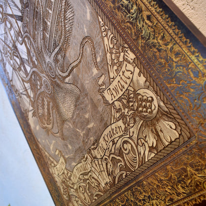 Engraved woodcut wall art of Kraken sea monster attacking sailing boat, nautical maritime décor