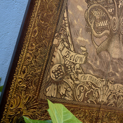 Engraved woodcut wall art of Kraken sea monster attacking sailing boat, nautical maritime décor