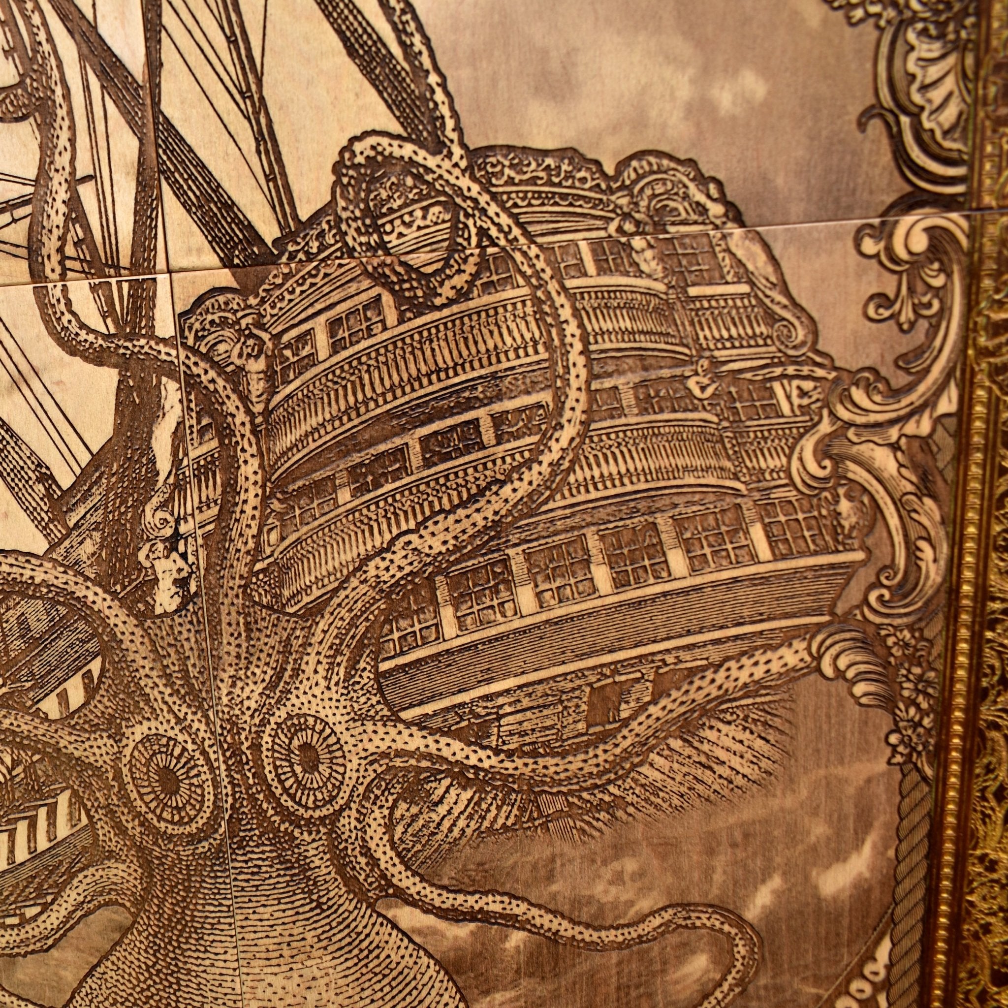 Engraved woodcut wall art of Kraken sea monster attacking sailing boat, nautical maritime décor