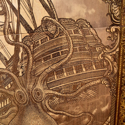 Engraved woodcut wall art of Kraken sea monster attacking sailing boat, nautical maritime décor