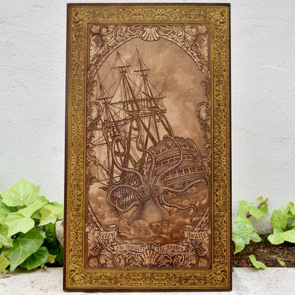 Woodcut wall art engraved with Kraken sea monster attacking sailing ship, nautical maritime décor