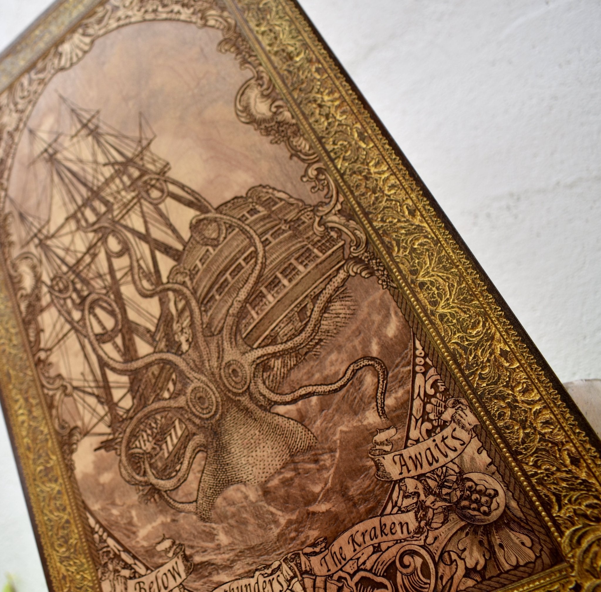 Woodcut wall art engraved with Kraken sea monster attacking sailing ship, nautical maritime décor