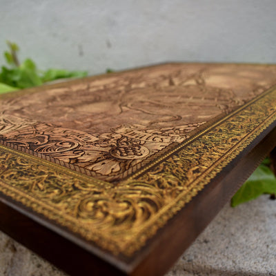 Woodcut wall art engraved with Kraken sea monster attacking sailing ship, nautical maritime décor