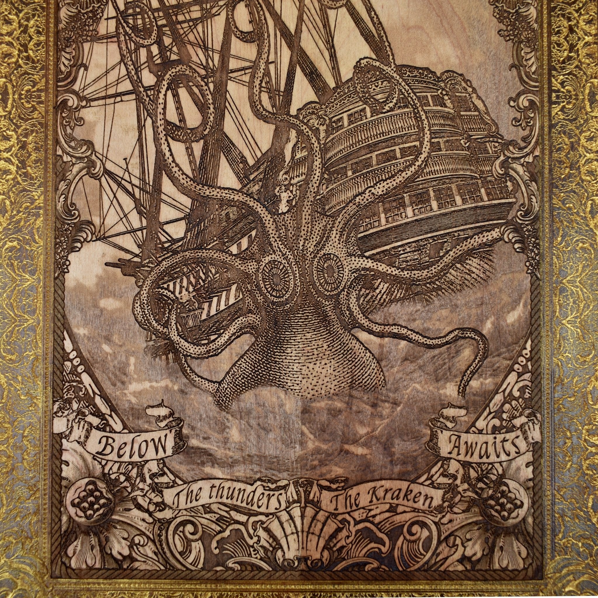 Woodcut wall art engraved with Kraken sea monster attacking sailing ship, nautical maritime décor