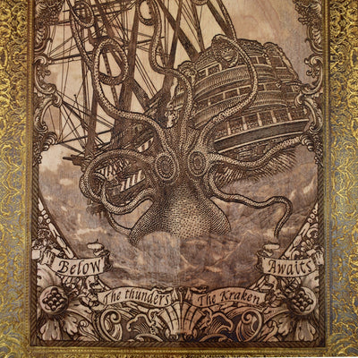 Woodcut wall art engraved with Kraken sea monster attacking sailing ship, nautical maritime décor