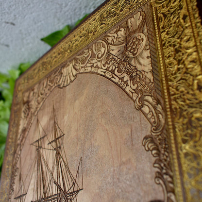 Woodcut wall art engraved with Kraken sea monster attacking sailing ship, nautical maritime décor