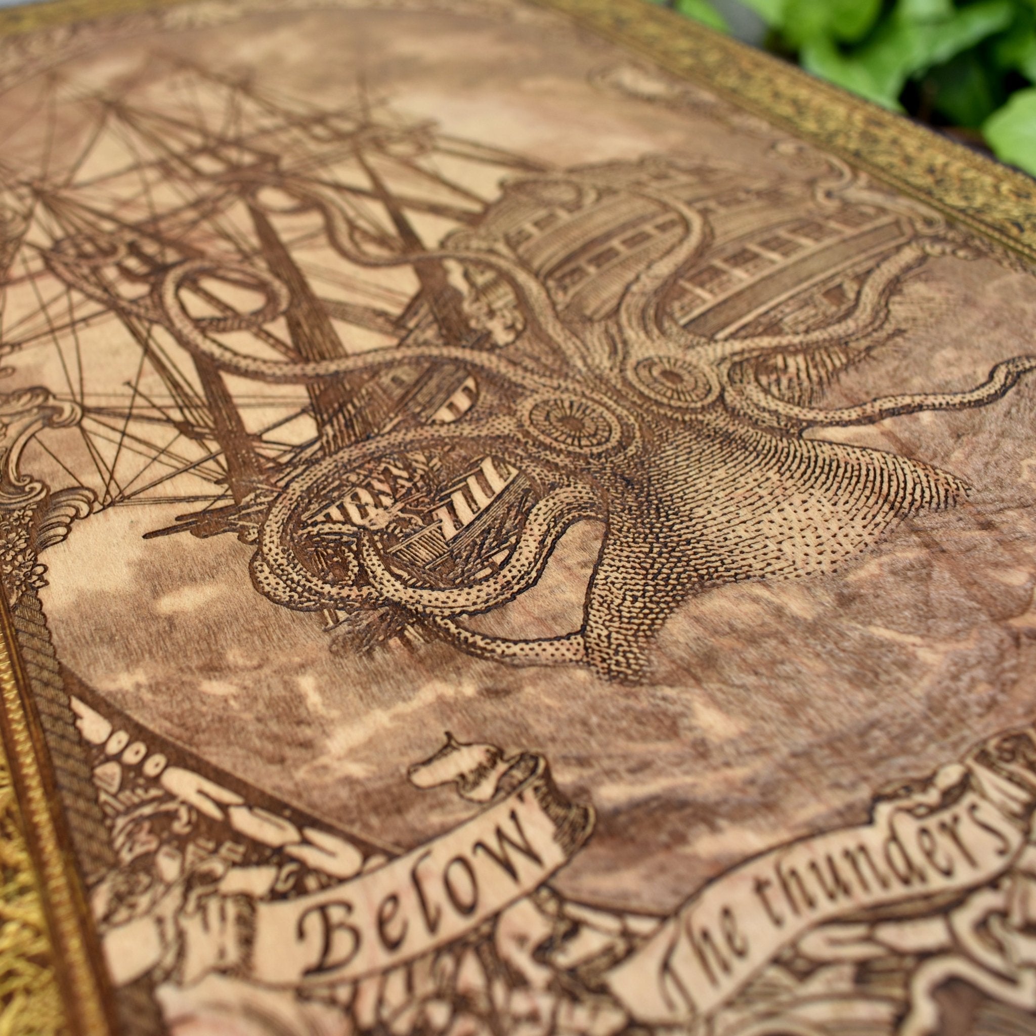 Woodcut wall art engraved with Kraken sea monster attacking sailing ship, nautical maritime décor