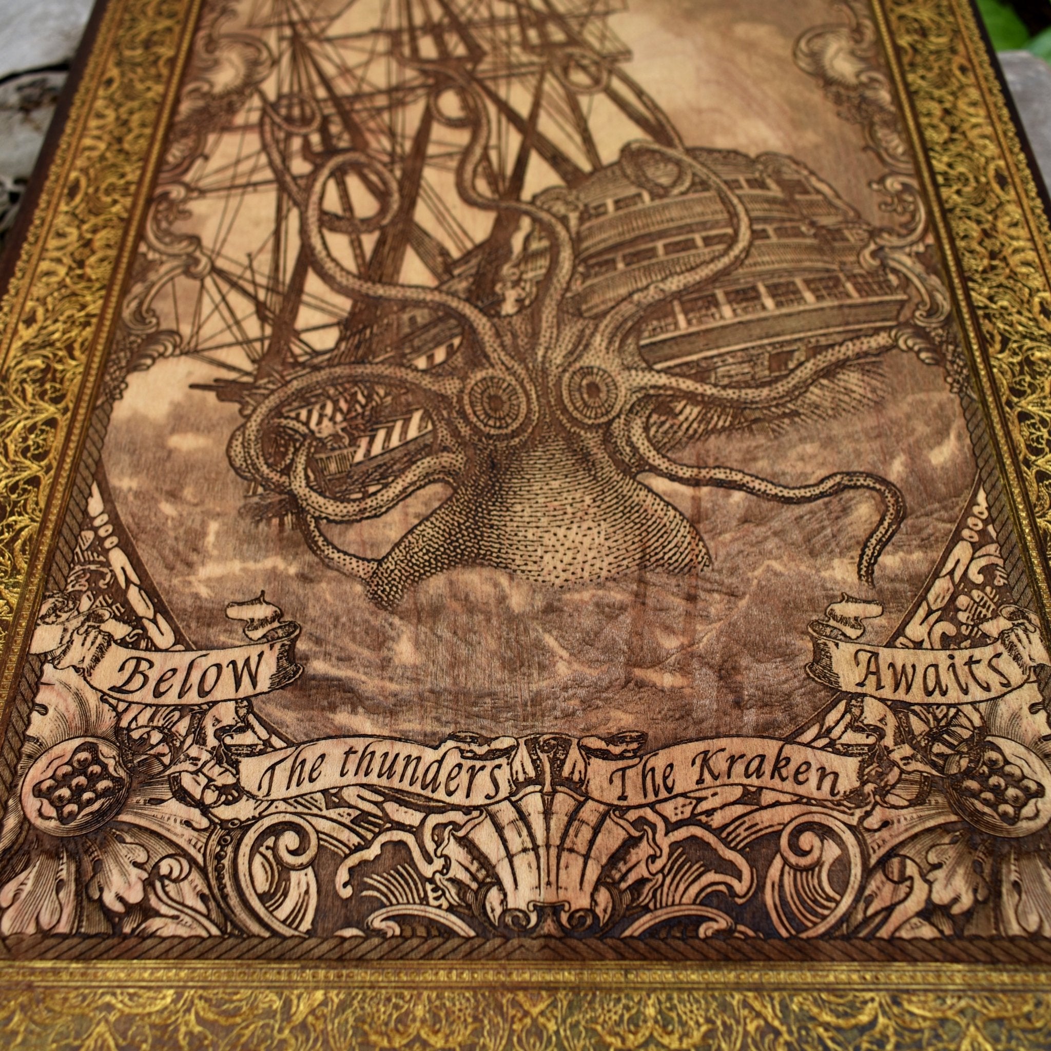 Woodcut wall art engraved with Kraken sea monster attacking sailing ship, nautical maritime décor