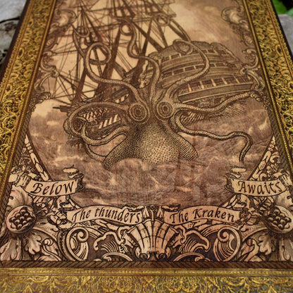 Woodcut wall art engraved with Kraken sea monster attacking sailing ship, nautical maritime décor