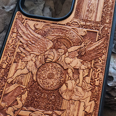 Laser-engraved wooden phone case with an intricate angelic battle scene, slim and durable. Compatible with iPhone , iPhone 15, iPhone 14, iPhone 13, iPhone 12, iPhone 11, iPhone  Pro Max, iPhone  Mini, Samsung Galaxy S, Samsung Galaxy S24, Samsung Galaxy S23, Samsung Galaxy S22, Samsung Galaxy S21, Samsung Galaxy S20 Ultra, Samsung Galaxy S20 Plus, and Samsung Galaxy Note 20 models. Perfect for art lovers!