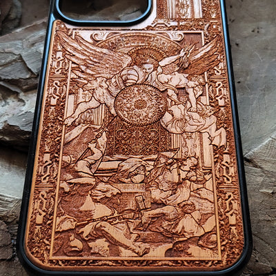 Laser-engraved wooden phone case with an intricate angelic battle scene, slim and durable. Compatible with iPhone , iPhone 15, iPhone 14, iPhone 13, iPhone 12, iPhone 11, iPhone  Pro Max, iPhone  Mini, Samsung Galaxy S, Samsung Galaxy S24, Samsung Galaxy S23, Samsung Galaxy S22, Samsung Galaxy S21, Samsung Galaxy S20 Ultra, Samsung Galaxy S20 Plus, and Samsung Galaxy Note 20 models. Perfect for art lovers!