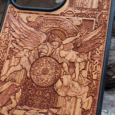 Laser-engraved wooden phone case with an intricate angelic battle scene, slim and durable. Compatible with iPhone , iPhone 15, iPhone 14, iPhone 13, iPhone 12, iPhone 11, iPhone  Pro Max, iPhone  Mini, Samsung Galaxy S, Samsung Galaxy S24, Samsung Galaxy S23, Samsung Galaxy S22, Samsung Galaxy S21, Samsung Galaxy S20 Ultra, Samsung Galaxy S20 Plus, and Samsung Galaxy Note 20 models. Perfect for art lovers!
