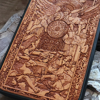 Laser-engraved wooden phone case with an intricate angelic battle scene, slim and durable. Compatible with iPhone , iPhone 15, iPhone 14, iPhone 13, iPhone 12, iPhone 11, iPhone  Pro Max, iPhone  Mini, Samsung Galaxy S, Samsung Galaxy S24, Samsung Galaxy S23, Samsung Galaxy S22, Samsung Galaxy S21, Samsung Galaxy S20 Ultra, Samsung Galaxy S20 Plus, and Samsung Galaxy Note 20 models. Perfect for art lovers!