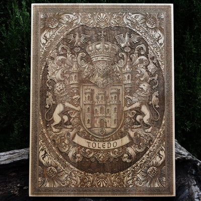 Engraved wood wall art of Toledo Spain coat of arms, historical city crest.