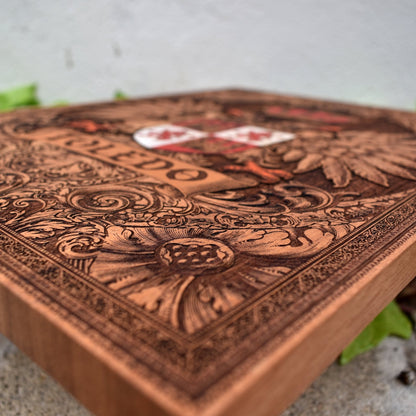 Engraved wooden wall poster featuring the historic coat of arms of Toledo, Spain, with intricate heraldic details carved into natural wood.
