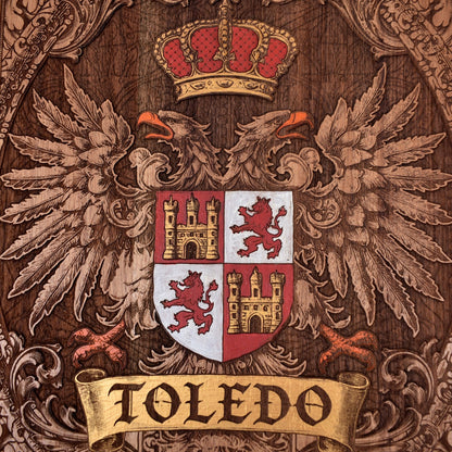 Engraved wooden wall poster featuring the historic coat of arms of Toledo, Spain, with intricate heraldic details carved into natural wood.