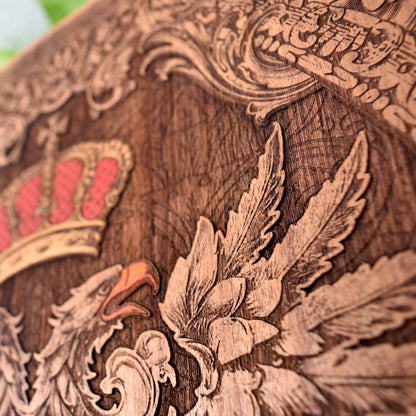 Engraved wooden wall poster featuring the historic coat of arms of Toledo, Spain, with intricate heraldic details carved into natural wood.