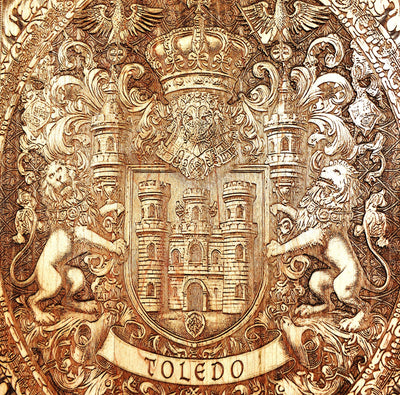 Handcrafted Toledo coat of arms wall plaque, engraved on dark cherry wood.