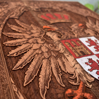 Engraved wooden wall poster featuring the historic coat of arms of Toledo, Spain, with intricate heraldic details carved into natural wood.