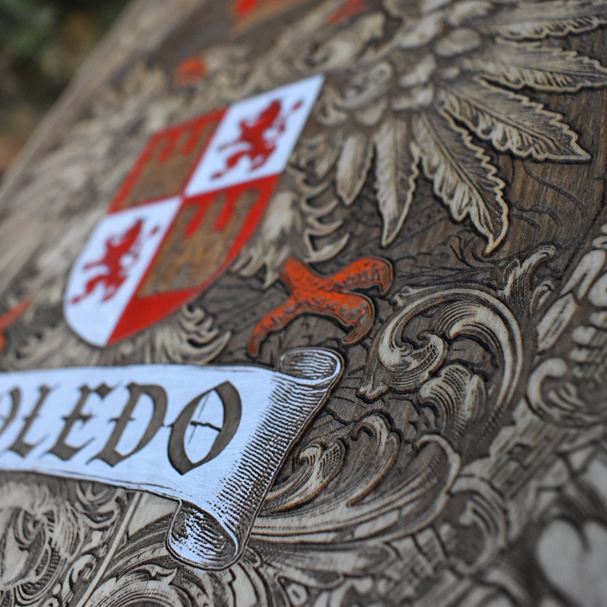 Laser engraved Toledo Spanish shield on natural wood