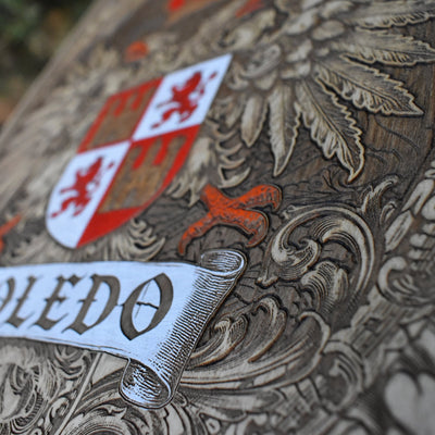 Laser engraved Toledo Spanish shield on natural wood