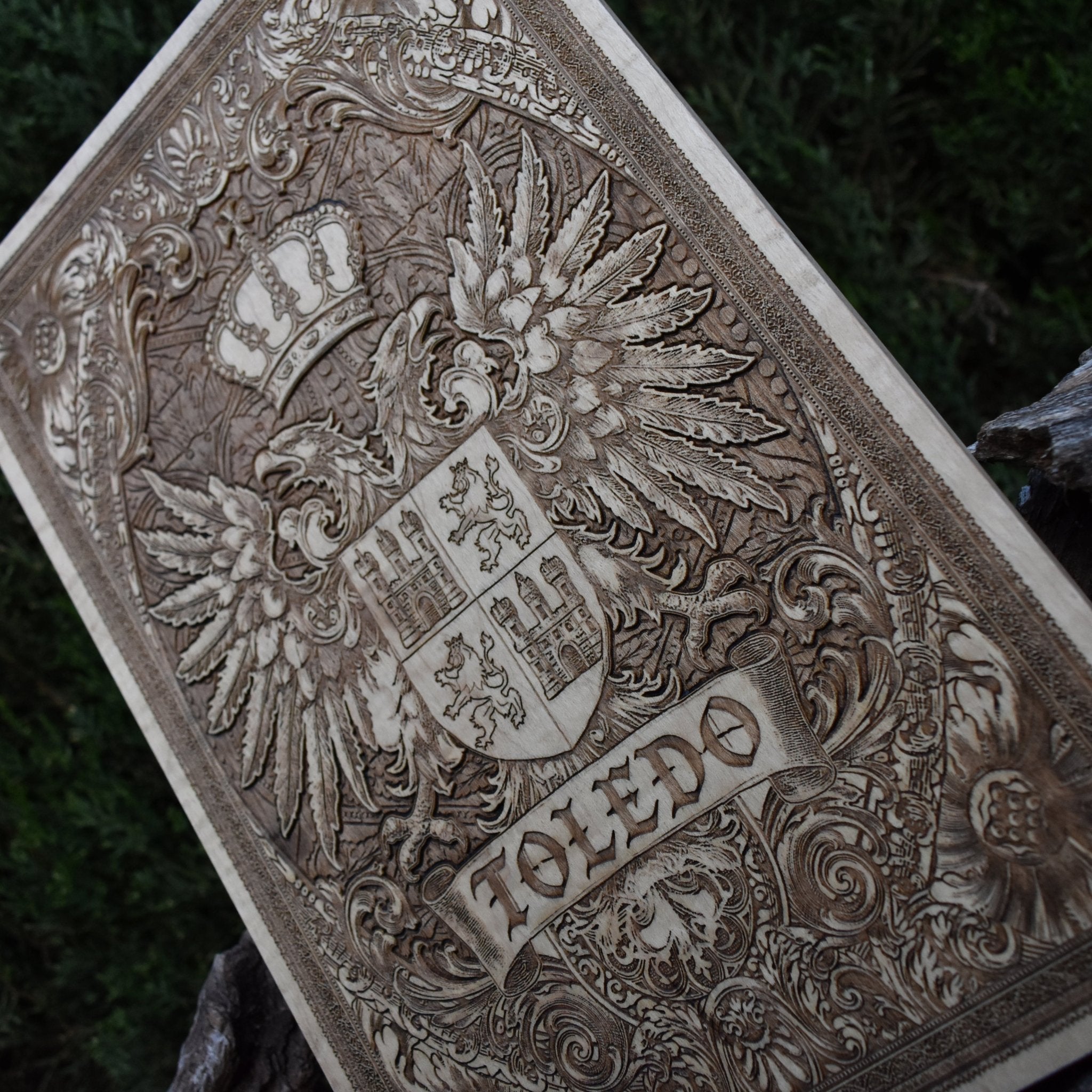 Heritage decor wood art featuring Toledo Coat of Arms
