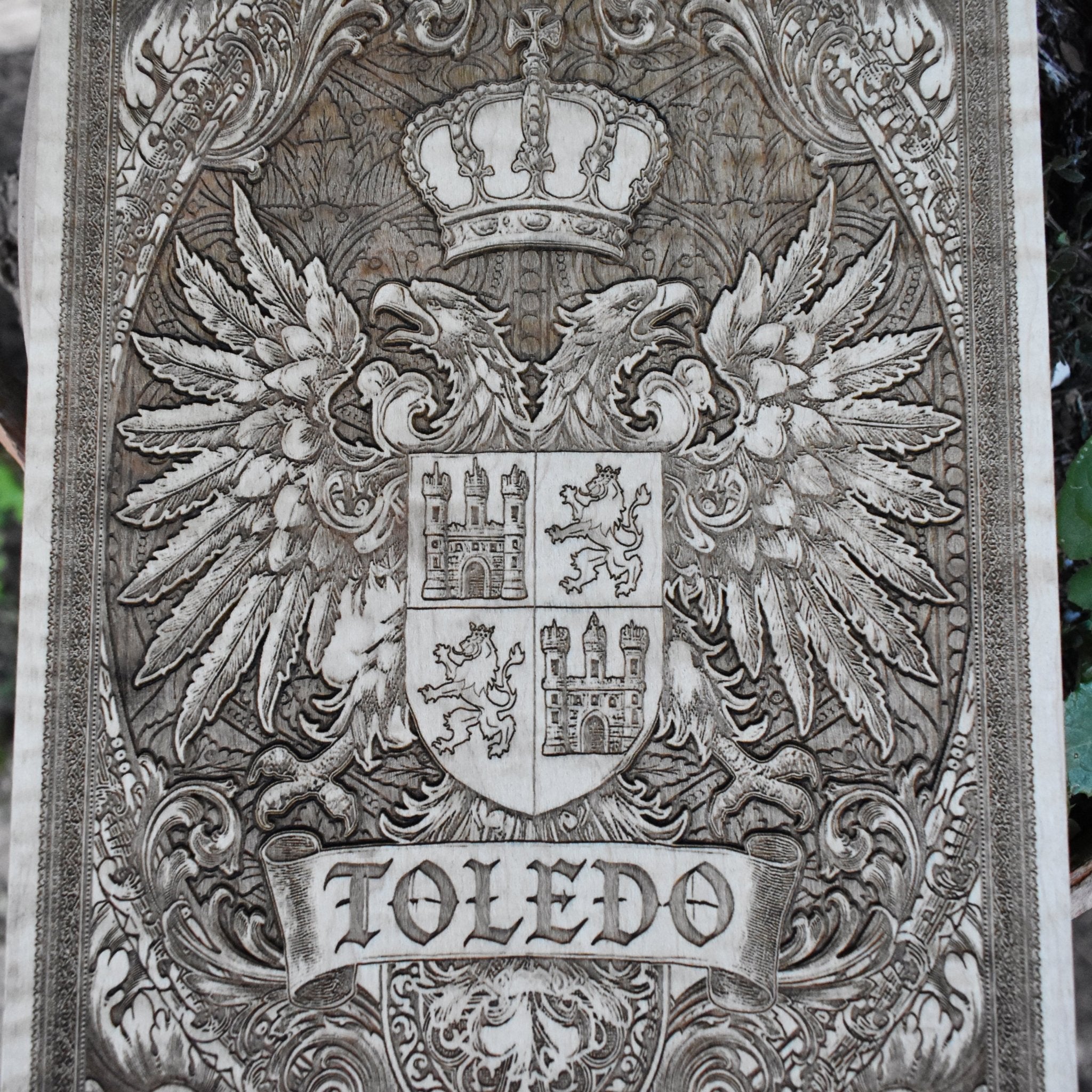 Historical Spanish emblem wall art hand-painted on wood