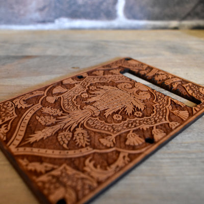 Gothic I Tremolo Cover for Stratocaster Electric Guitar – gothic art, engraved wood, dark fantasy, skeleton design, artisan crafted