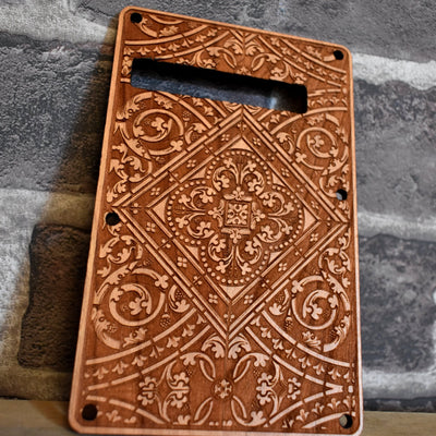 Gothic II Tremolo Cover for Stratocaster Electric Guitar – gothic art, engraved wood, dark fantasy, skeleton design, artisan crafted