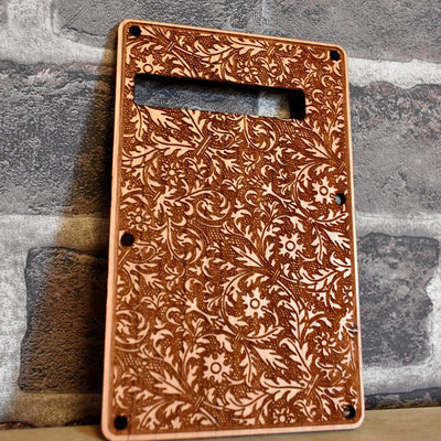 Custom laser-engraved Fender Stratocaster tremolo cover – unique wooden guitar upgrade
