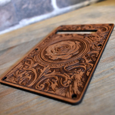 Roses Tremolo Cover for Stratocaster Electric Guitar – gothic art, engraved wood, dark fantasy, skeleton design, artisan crafted