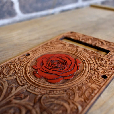 Premium cherry wood tremolo Stratocaster cover with a stunning laser-engraved pattern and hand-finished artwork