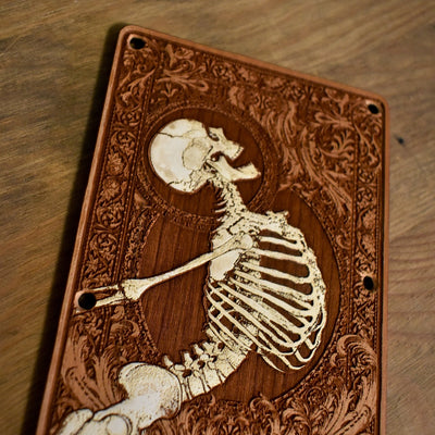 Stumble Painted Tremolo Cover for Stratocaster Electric Guitar – gothic art, engraved wood, dark fantasy, skeleton design, artisan crafted