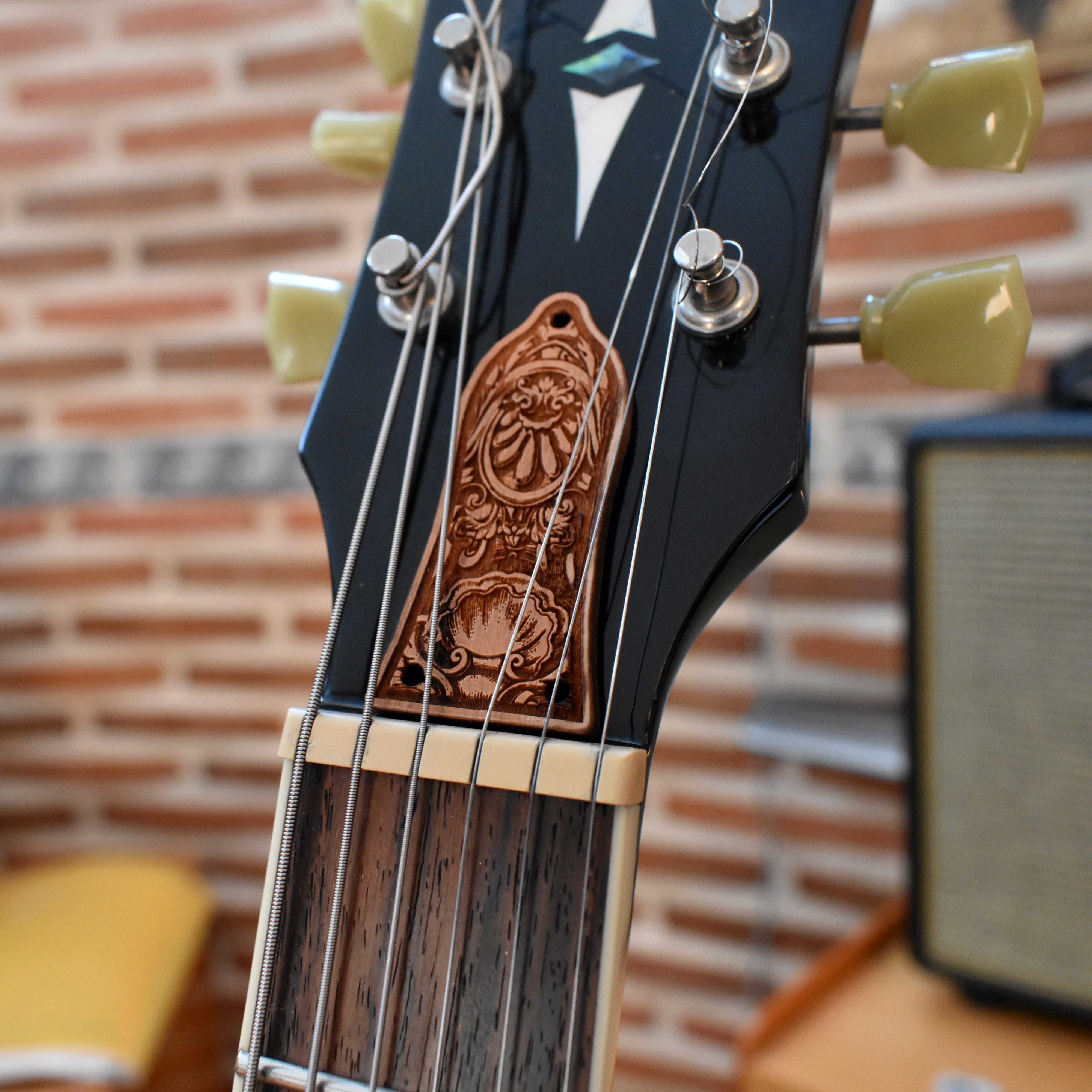 Truss Rod Cover for Epiphone Les Paul Embellishment 3 – gothic art, engraved wood, dark fantasy, skeleton design, artisan crafted