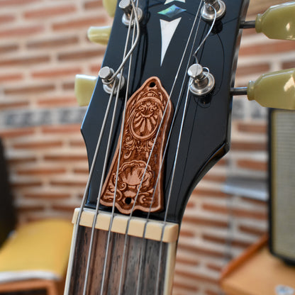 Truss Rod Cover for Gibson Les Paul Embellishment 3 – gothic art, engraved wood, dark fantasy, skeleton design, artisan crafted