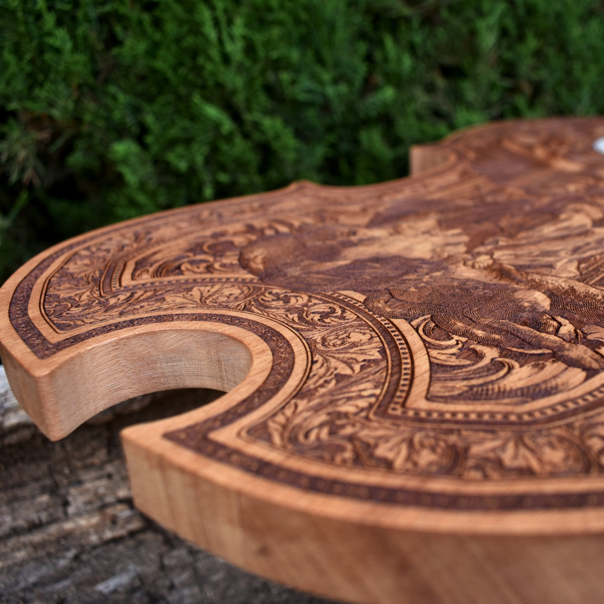 Handmade cedar wood violin clock with St. Michael laser engraving. Unique wedding & anniversary gift for music lovers & spiritual décor collectors.